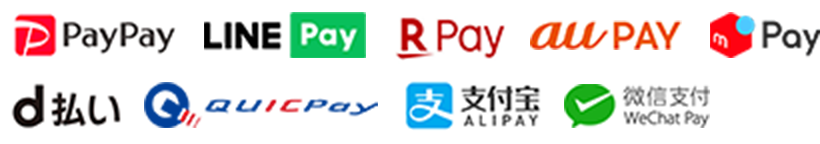 「PayPay(ペイペイ)」「LINEPay(ラインペイ)」「楽天ペイ」「auPay(エーユーペイ)」「メルペイ」「d払い」「QUICPay(クイックペイ)」「AliPay(アリペイ)」「WeChatPay(ウィーチャットペイ)」